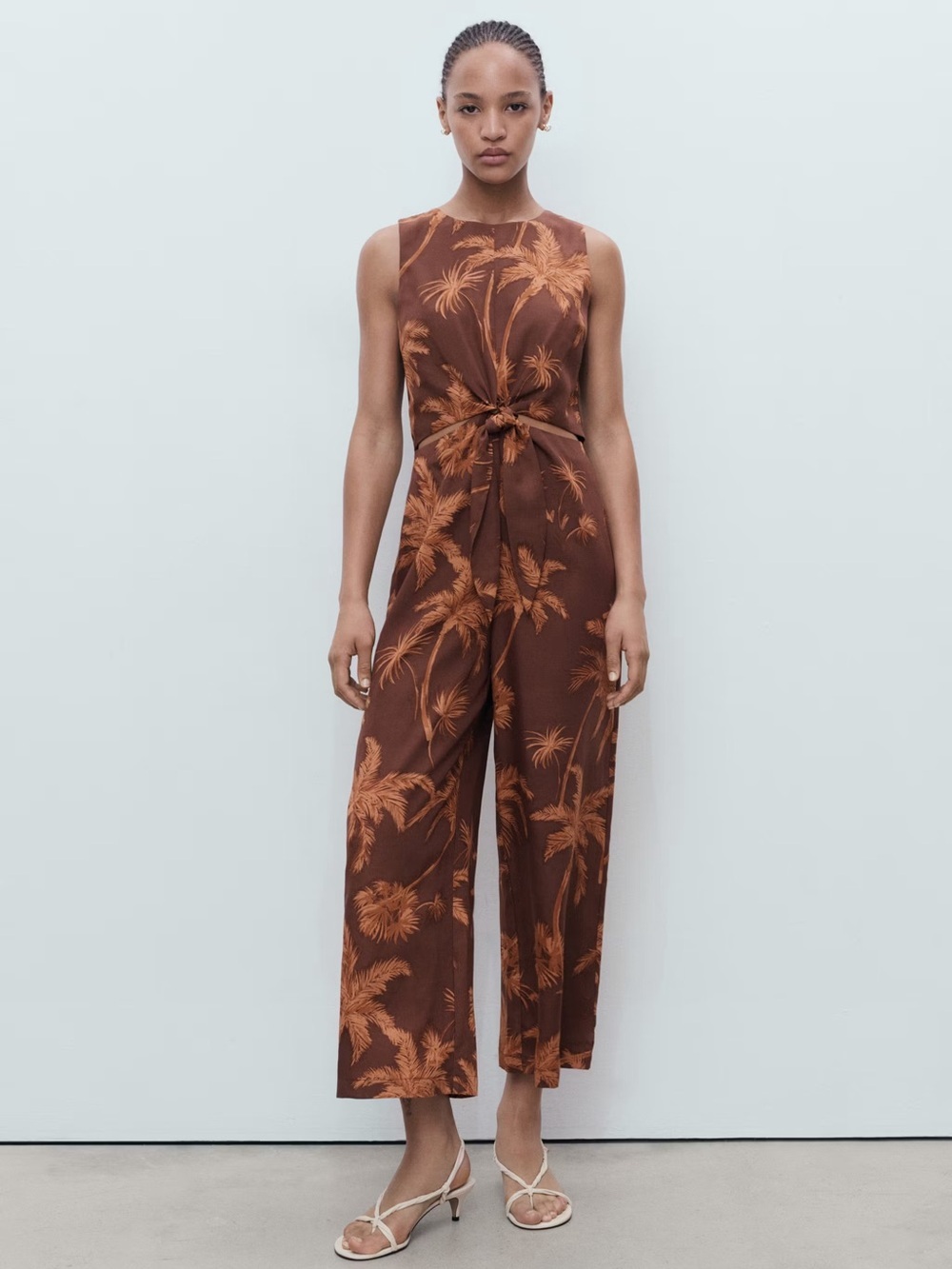 Mango Brown Palm-Print jumpsuit with cut-out and knot detail NWT